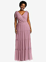 Alt View 1 Thumbnail - Dusty Pink Bow-Shoulder Faux Wrap Maxi Dress with Tiered Skirt