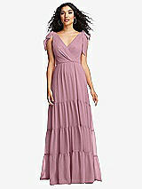 Front View Thumbnail - Dusty Pink Bow-Shoulder Faux Wrap Maxi Dress with Tiered Skirt