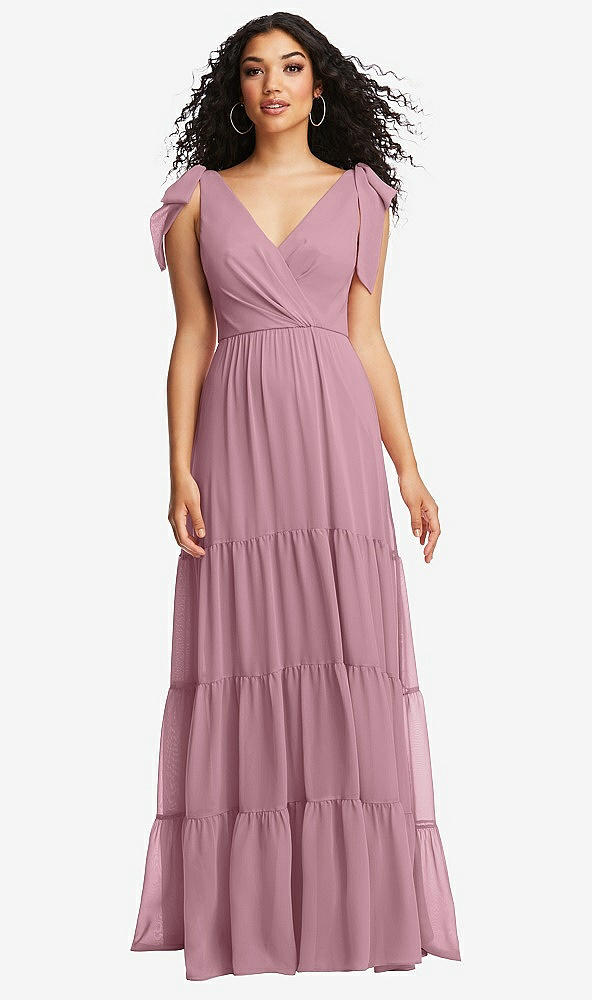 Front View - Dusty Pink Bow-Shoulder Faux Wrap Maxi Dress with Tiered Skirt