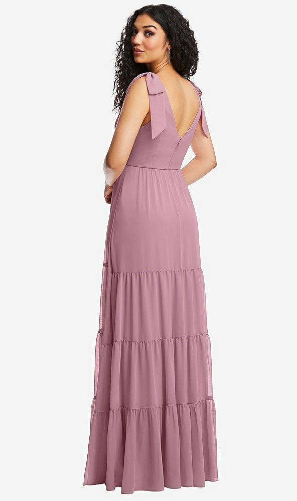 Back View - Dusty Pink Bow-Shoulder Faux Wrap Maxi Dress with Tiered Skirt