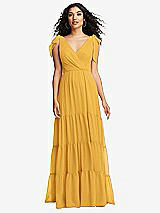 Front View Thumbnail - NYC Yellow Bow-Shoulder Faux Wrap Maxi Dress with Tiered Skirt