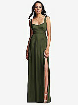 Front View Thumbnail - Olive Green Open Neck Cross Bodice Cutout  Maxi Dress with Front Slit