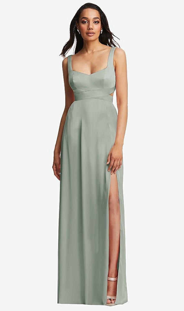 Front View - Willow Green Open Neck Cross Bodice Cutout  Maxi Dress with Front Slit