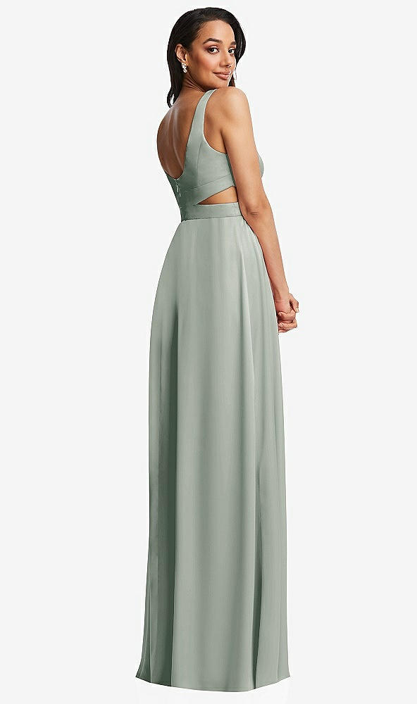Back View - Willow Green Open Neck Cross Bodice Cutout  Maxi Dress with Front Slit