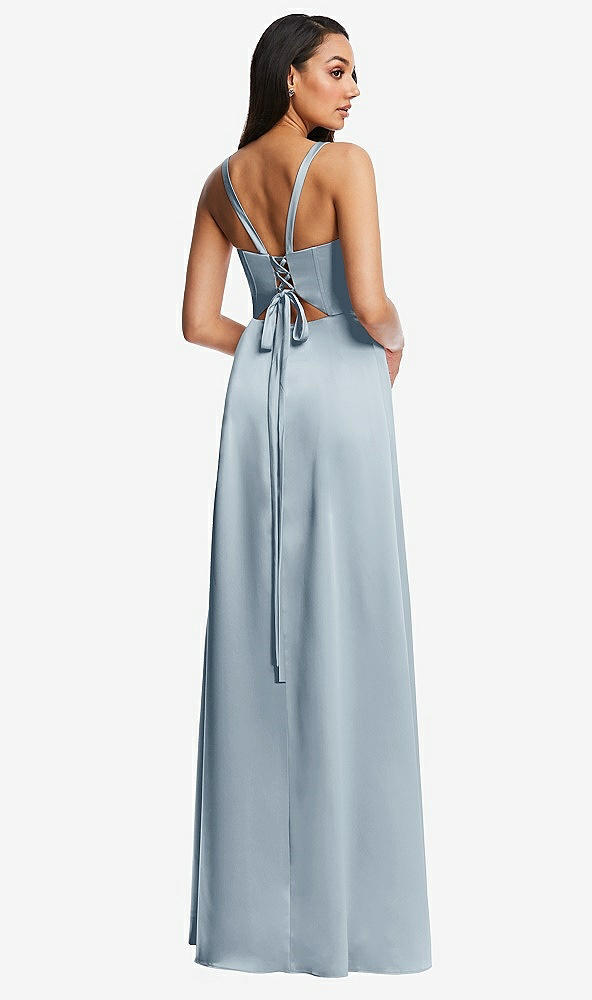 Back View - Mist Lace Up Tie-Back Corset Maxi Dress with Front Slit