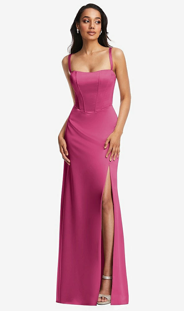Front View - Tea Rose Lace Up Tie-Back Corset Maxi Dress with Front Slit