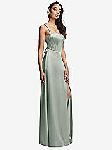 Side View Thumbnail - Willow Green Lace Up Tie-Back Corset Maxi Dress with Front Slit