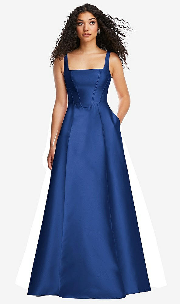 Front View - Classic Blue Boned Corset Closed-Back Satin Gown with Full Skirt and Pockets
