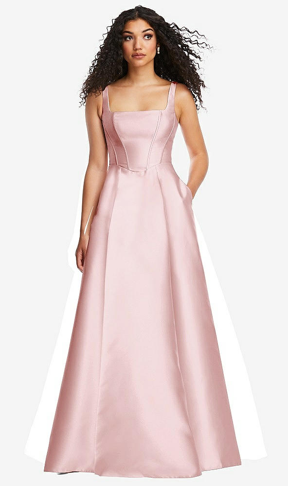 Front View - Ballet Pink Boned Corset Closed-Back Satin Gown with Full Skirt and Pockets