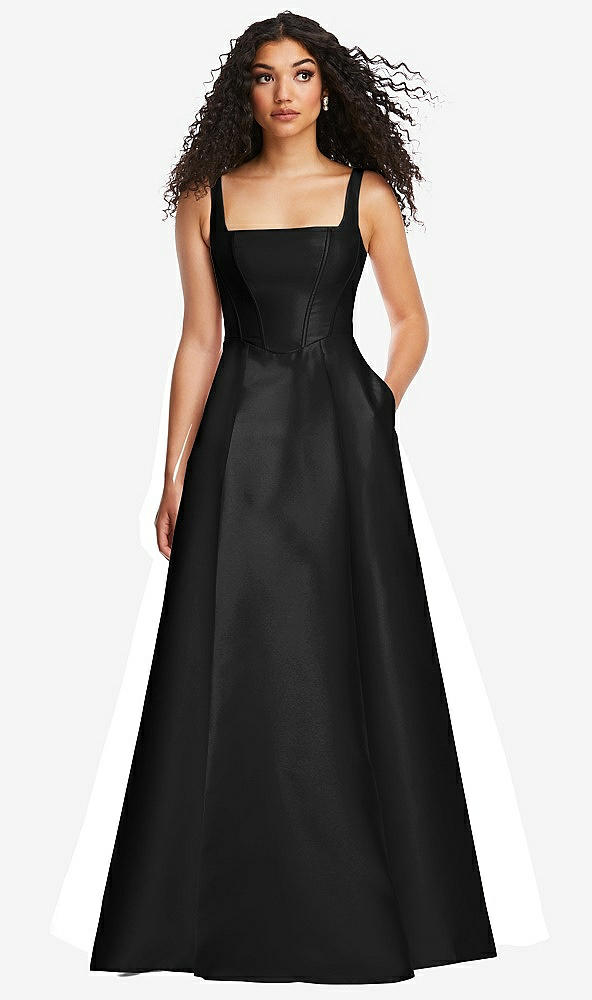 Front View - Black Boned Corset Closed-Back Satin Gown with Full Skirt and Pockets