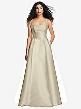Front View Thumbnail - Champagne Boned Corset Closed-Back Satin Gown with Full Skirt and Pockets