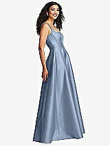 Side View Thumbnail - Cloudy Boned Corset Closed-Back Satin Gown with Full Skirt and Pockets