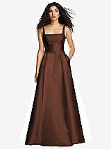 Front View Thumbnail - Cognac Boned Corset Closed-Back Satin Gown with Full Skirt and Pockets