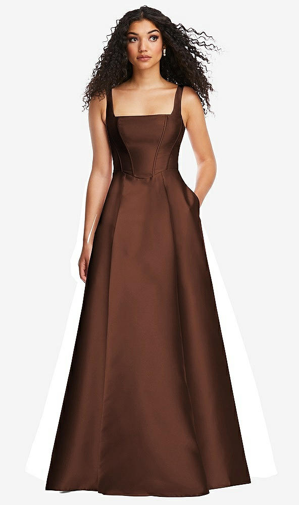 Front View - Cognac Boned Corset Closed-Back Satin Gown with Full Skirt and Pockets
