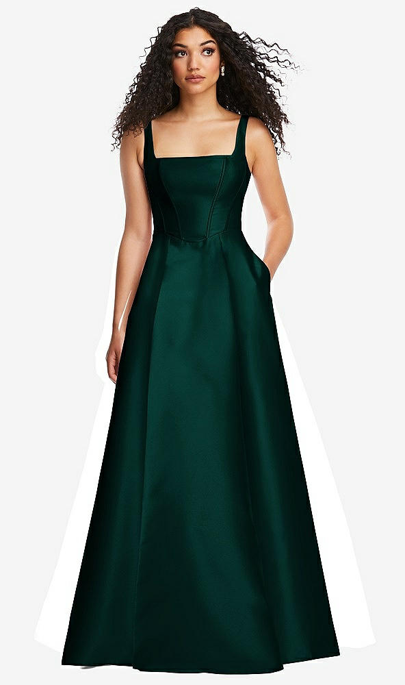 Front View - Evergreen Boned Corset Closed-Back Satin Gown with Full Skirt and Pockets