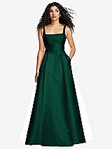 Front View Thumbnail - Hunter Green Boned Corset Closed-Back Satin Gown with Full Skirt and Pockets