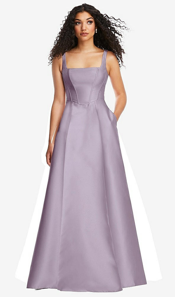 Front View - Lilac Haze Boned Corset Closed-Back Satin Gown with Full Skirt and Pockets