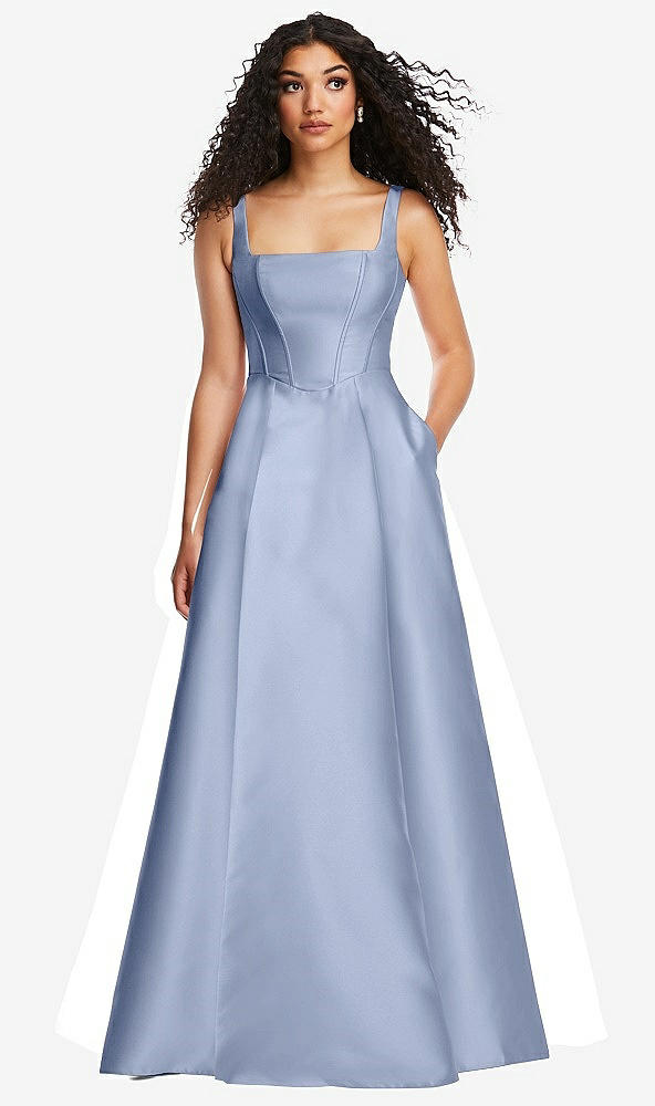 Front View - Sky Blue Boned Corset Closed-Back Satin Gown with Full Skirt and Pockets
