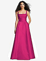 Front View Thumbnail - Think Pink Boned Corset Closed-Back Satin Gown with Full Skirt and Pockets