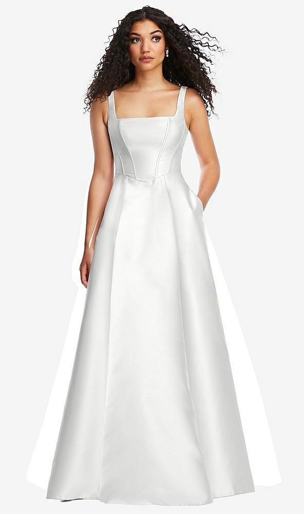 Front View - White Boned Corset Closed-Back Satin Gown with Full Skirt and Pockets
