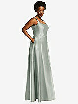 Alt View 2 Thumbnail - Willow Green Boned Corset Closed-Back Satin Gown with Full Skirt and Pockets