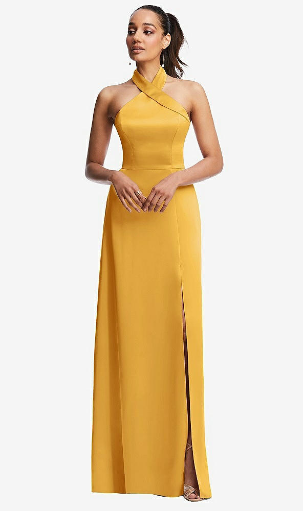 Front View - NYC Yellow Shawl Collar Open-Back Halter Maxi Dress with Pockets