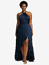 Front View Thumbnail - Midnight Navy Tie-Neck Halter Maxi Dress with Asymmetric Cascade Ruffle Skirt