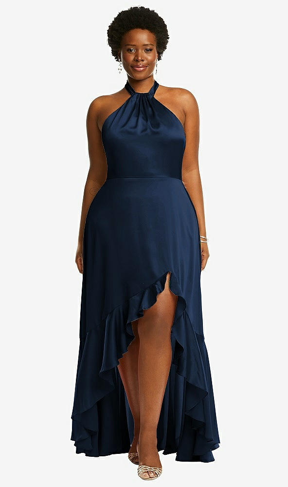 Front View - Midnight Navy Tie-Neck Halter Maxi Dress with Asymmetric Cascade Ruffle Skirt