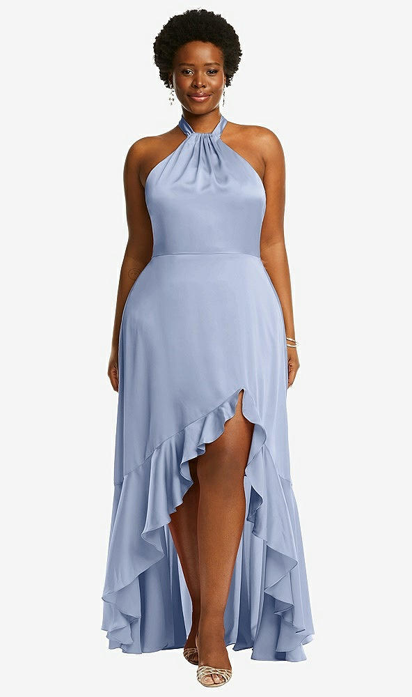 Front View - Sky Blue Tie-Neck Halter Maxi Dress with Asymmetric Cascade Ruffle Skirt