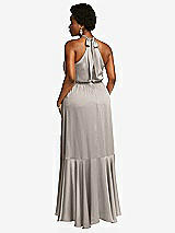 Rear View Thumbnail - Taupe Tie-Neck Halter Maxi Dress with Asymmetric Cascade Ruffle Skirt