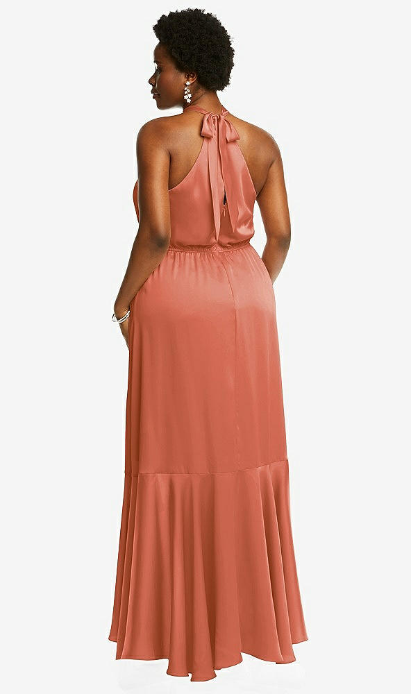 Back View - Terracotta Copper Tie-Neck Halter Maxi Dress with Asymmetric Cascade Ruffle Skirt