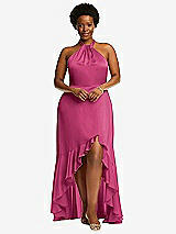 Alt View 4 Thumbnail - Tea Rose Tie-Neck Halter Maxi Dress with Asymmetric Cascade Ruffle Skirt