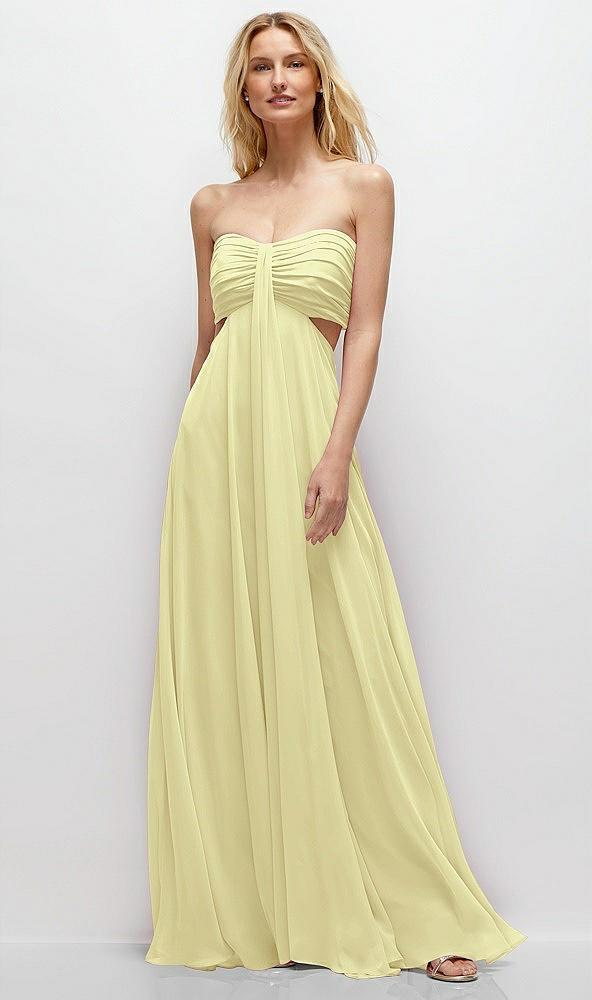 Front View - Butter Yellow Strapless Empire Waist Cutout Maxi Dress with Covered Button Detail