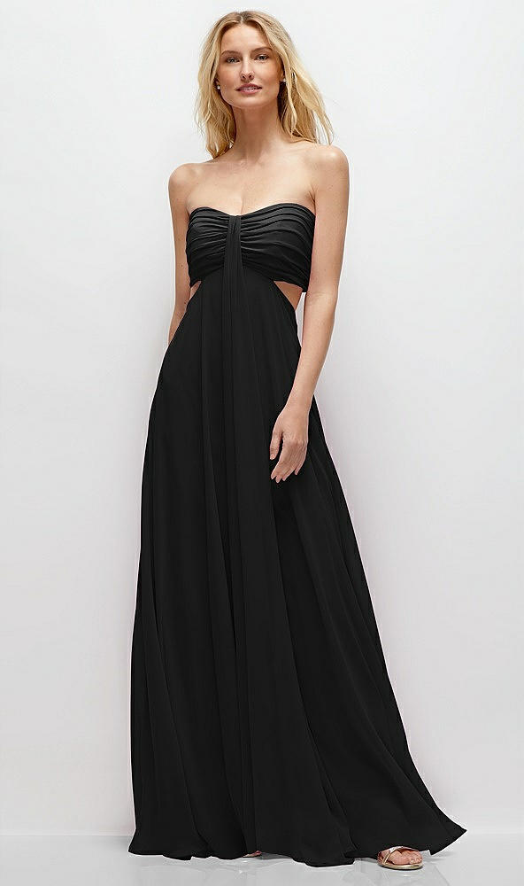 Front View - Black Strapless Empire Waist Cutout Maxi Dress with Covered Button Detail