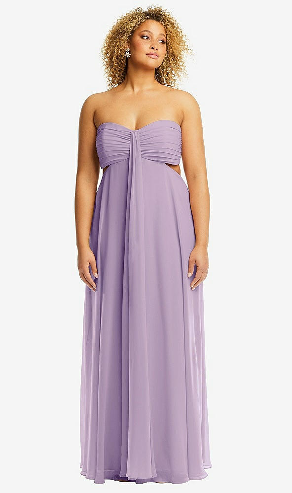Front View - Pale Purple Strapless Empire Waist Cutout Maxi Dress with Covered Button Detail