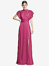 Front View Thumbnail - Tea Rose Shirred Stand Collar Flutter Sleeve Open-Back Maxi Dress with Sash