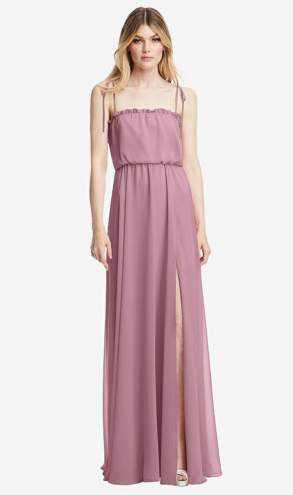 Front View - Dusty Pink Skinny Tie-Shoulder Ruffle-Trimmed Blouson Maxi Dress