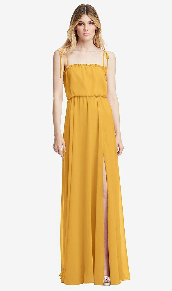 Front View - NYC Yellow Skinny Tie-Shoulder Ruffle-Trimmed Blouson Maxi Dress