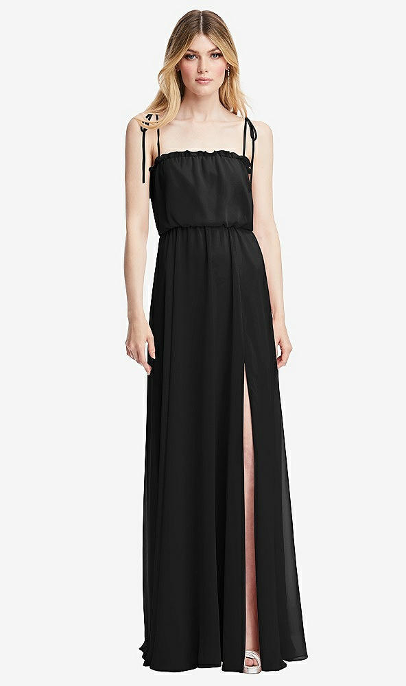 Front View - Black Skinny Tie-Shoulder Ruffle-Trimmed Blouson Maxi Dress