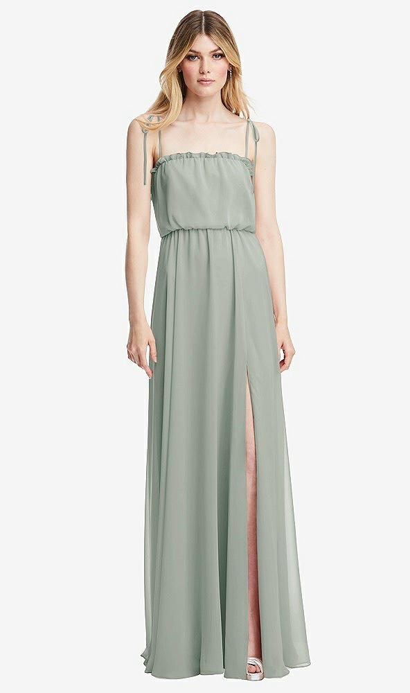 Front View - Willow Green Skinny Tie-Shoulder Ruffle-Trimmed Blouson Maxi Dress