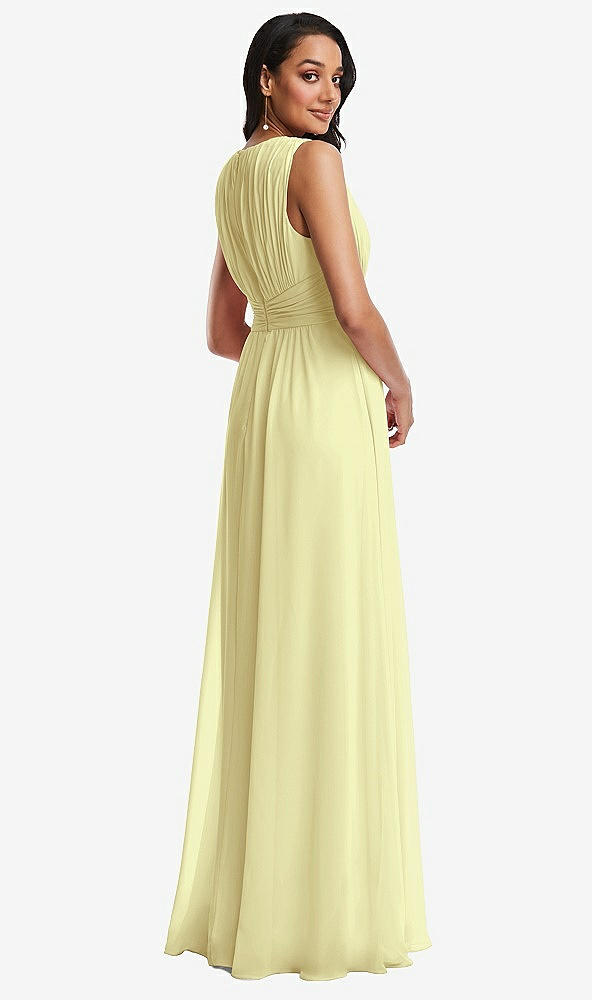 Back View - Butter Yellow Shirred Deep Plunge Neck Closed Back Chiffon Maxi Dress 