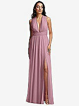 Front View Thumbnail - Dusty Pink Shirred Deep Plunge Neck Closed Back Chiffon Maxi Dress 