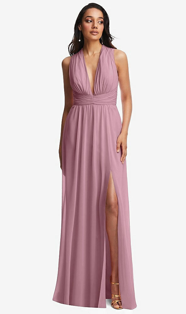 Front View - Dusty Pink Shirred Deep Plunge Neck Closed Back Chiffon Maxi Dress 