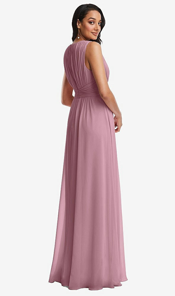 Back View - Dusty Pink Shirred Deep Plunge Neck Closed Back Chiffon Maxi Dress 