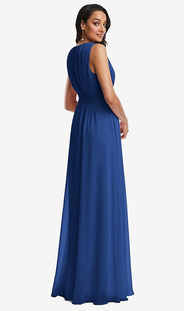 Back View - Classic Blue Shirred Deep Plunge Neck Closed Back Chiffon Maxi Dress 