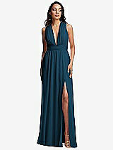 Front View Thumbnail - Atlantic Blue Shirred Deep Plunge Neck Closed Back Chiffon Maxi Dress 