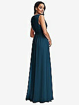 Rear View Thumbnail - Atlantic Blue Shirred Deep Plunge Neck Closed Back Chiffon Maxi Dress 