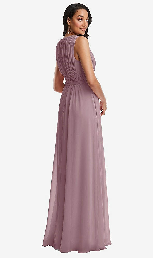 Back View - Dusty Rose Shirred Deep Plunge Neck Closed Back Chiffon Maxi Dress 