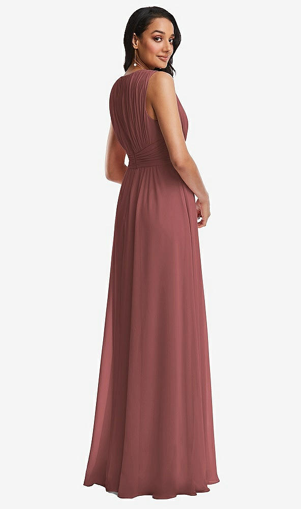 Back View - English Rose Shirred Deep Plunge Neck Closed Back Chiffon Maxi Dress 