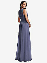 Rear View Thumbnail - French Blue Shirred Deep Plunge Neck Closed Back Chiffon Maxi Dress 